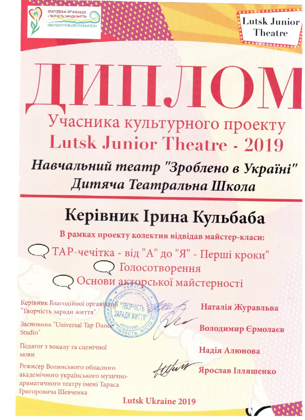 Дипломи — Lutsk Junior Theatre